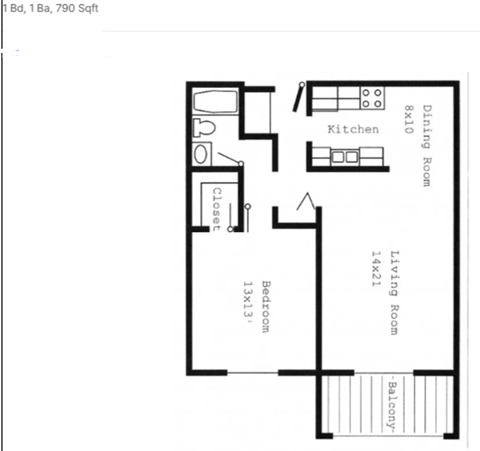 A floor plan of a one bedroom, one bathroom apartment.